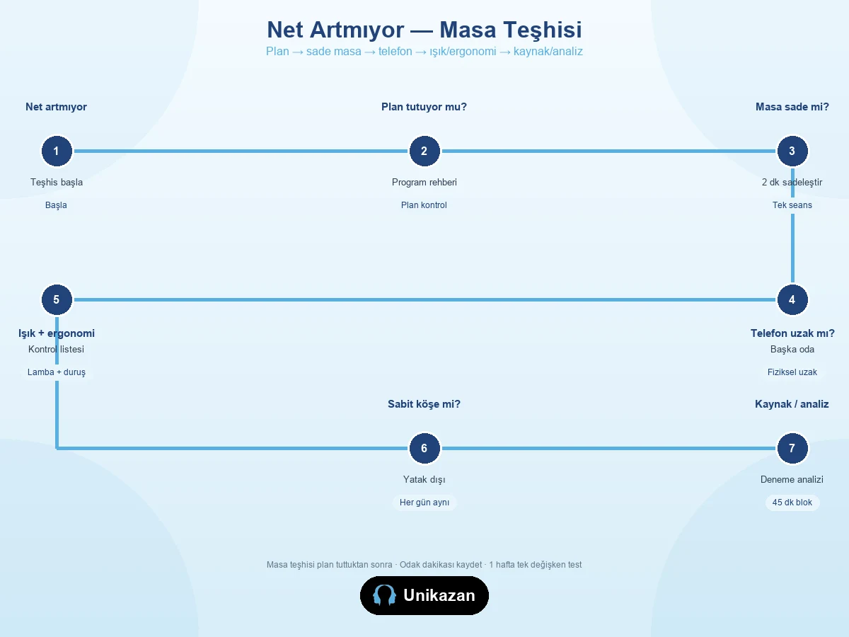 Net artmıyor masa teşhisi karar ağacı — 7 adımlı plan, sade masa, telefon, ışık, sabit köşe ve kaynak analiz akışı
