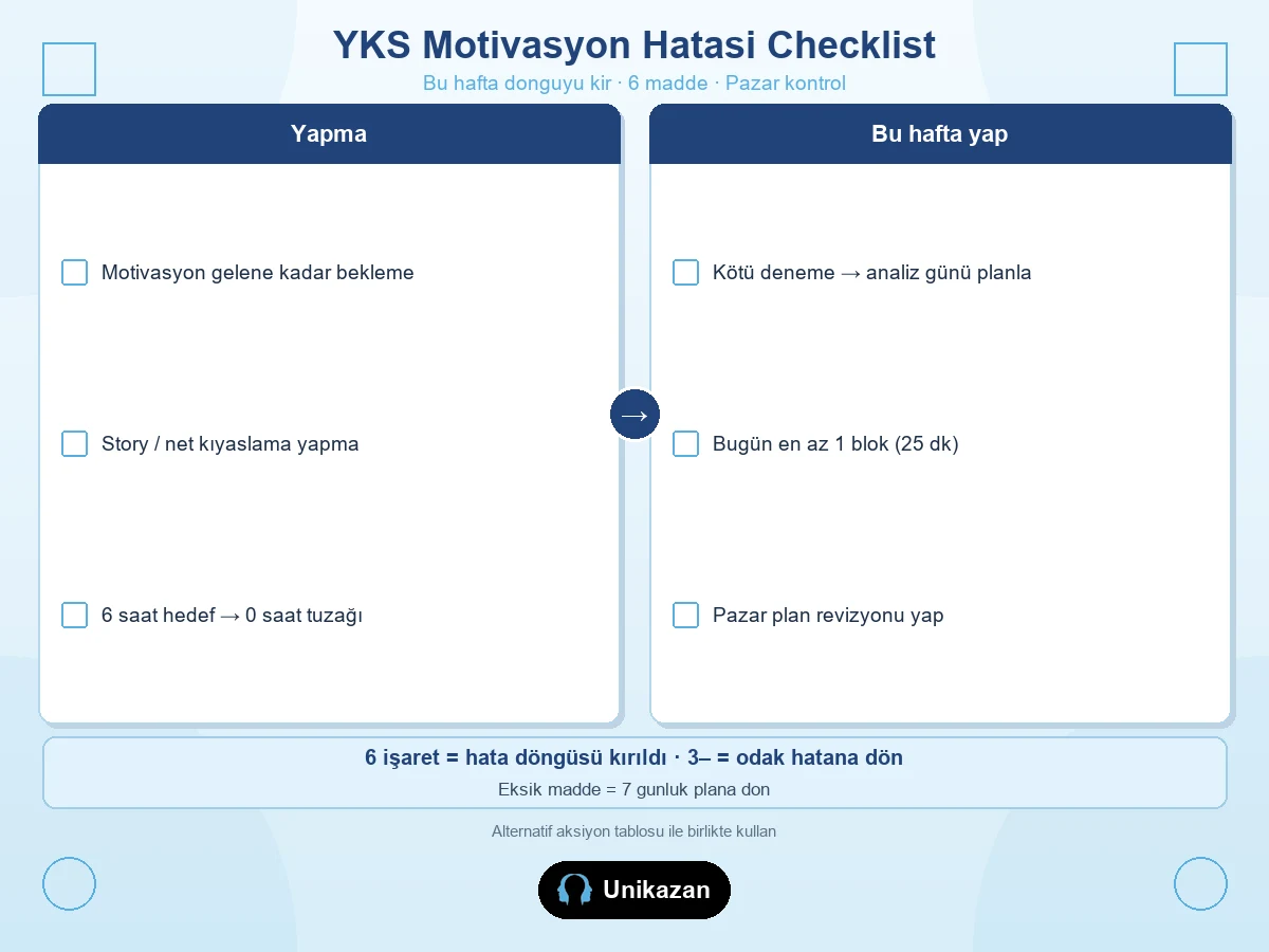 YKS motivasyon hatası checklist — yapma listesi ve bu hafta yap 6 madde