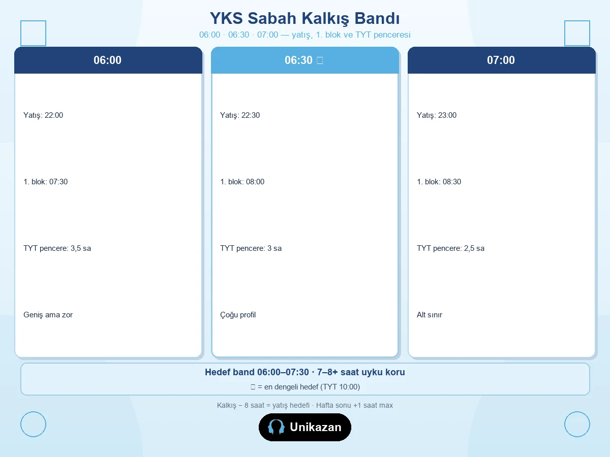 YKS sabah kalkış bandı özeti — 06:00, 06:30 ve 07:00 kalkış karşılaştırması, yatış saati ve TYT penceresi