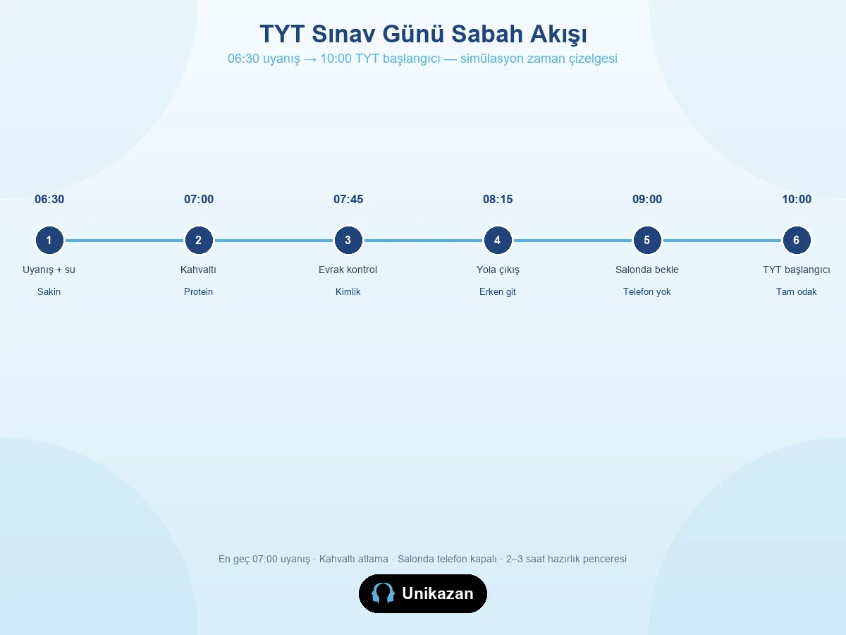 TYT sınav günü sabah zaman çizelgesi — 06:30 uyanıştan 10:00 TYT başlangıcına