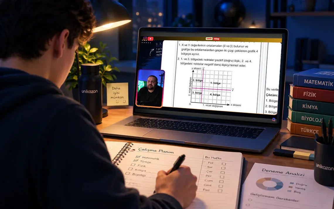 Öğrenci, Cahit Hoca'nın Maarif TYT Matematiği canlı dersini bilgisayarından takip ediyor