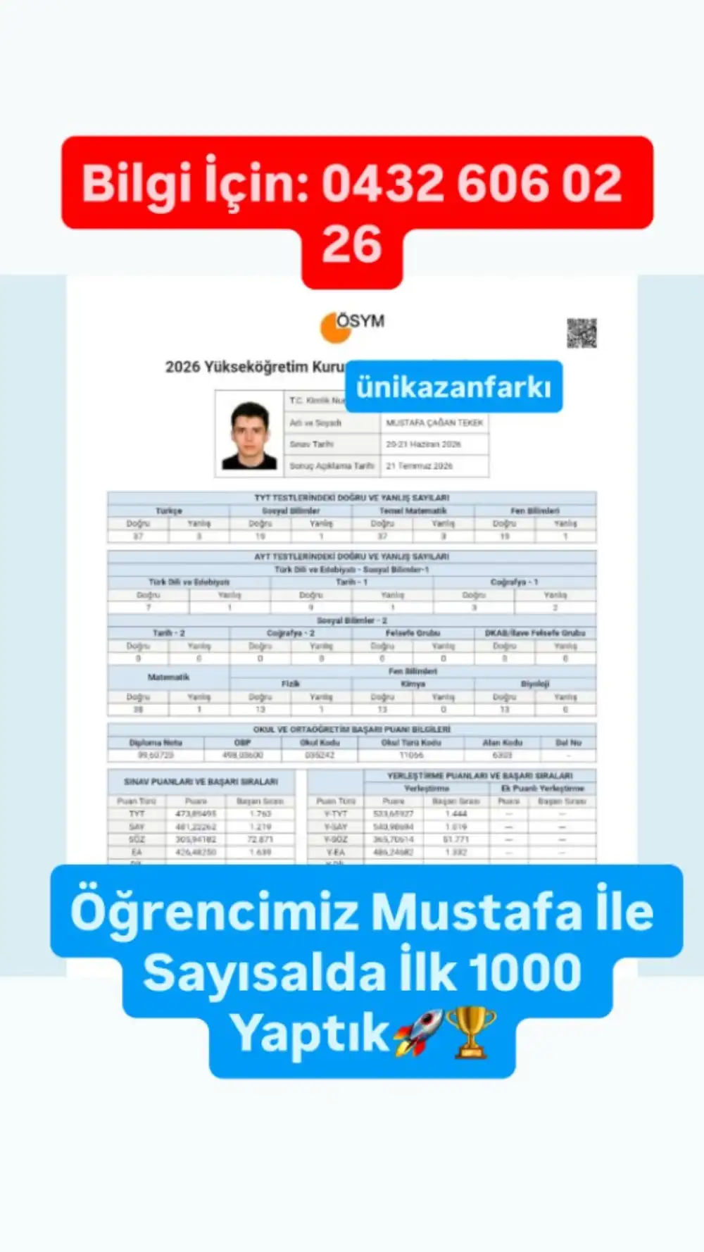 Mustafa — YKS Sayısal ilk 1000 sonuç belgesi