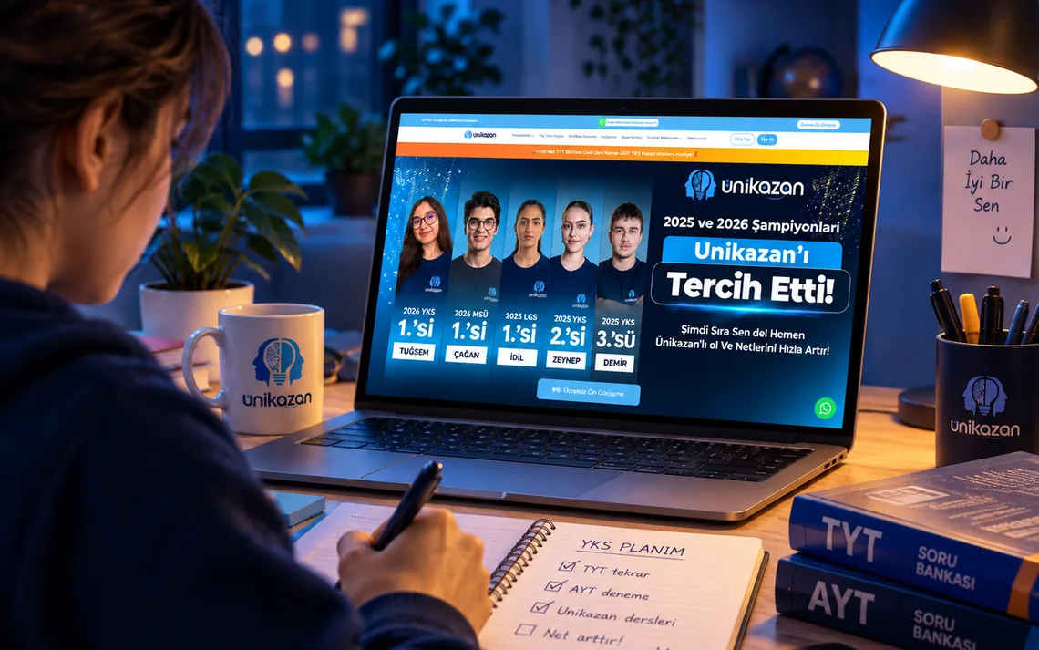 Öğrenci Ünikazan şampiyonlar sayfasına bakarken YKS matematik planını yazıyor