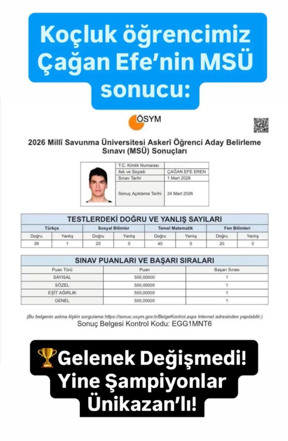 Çağan Efe — 2026 MSÜ Türkiye 1.'si sonuç belgesi
