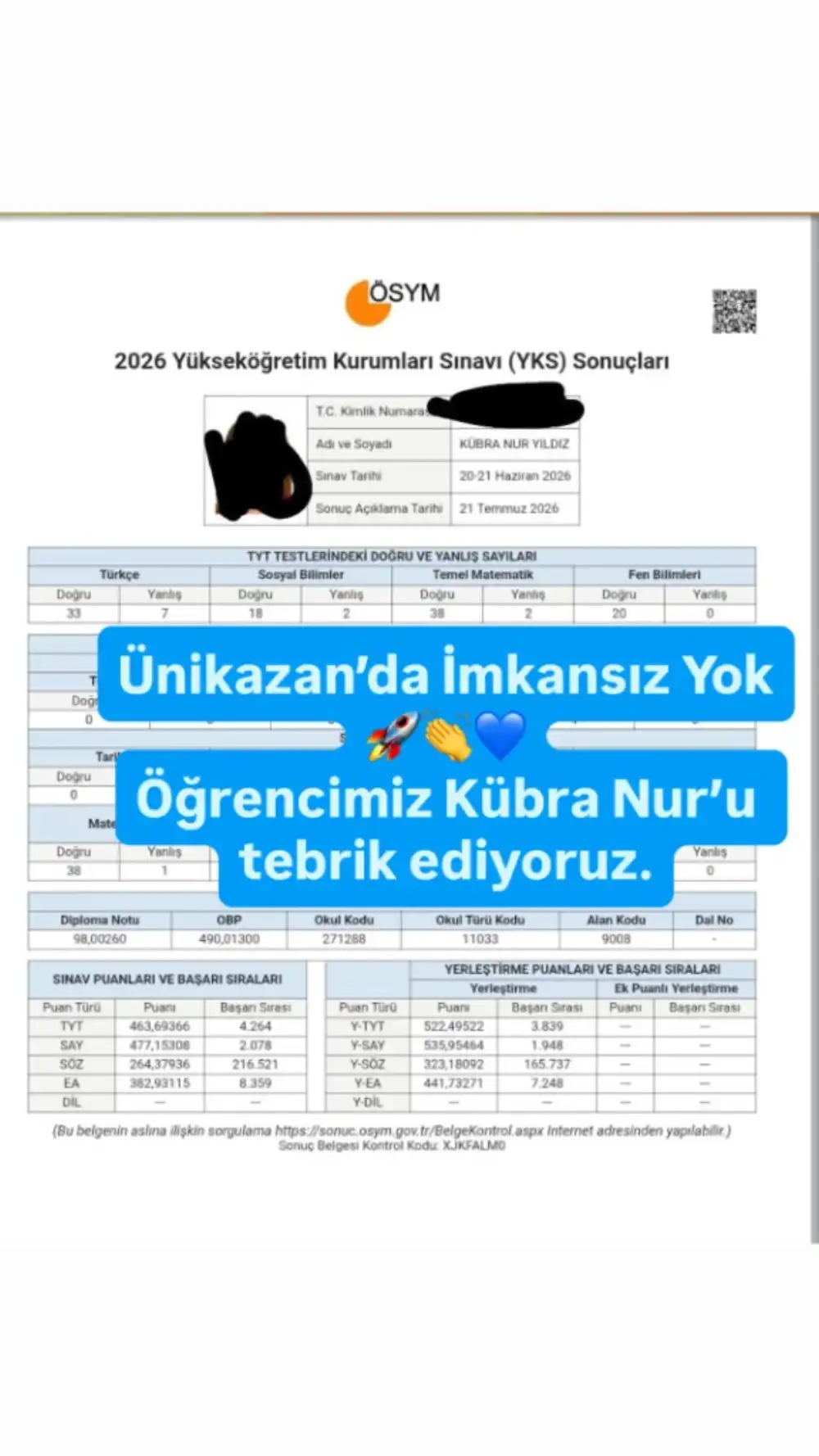 Kübra Nur — YKS başarı belgesi sonuç belgesi