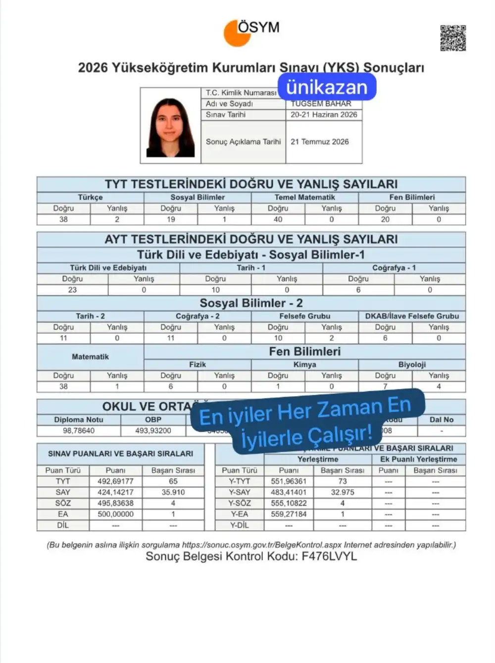 Tuğsem — 2026 YKS Eşit Ağırlık Türkiye 1.'si sonuç belgesi