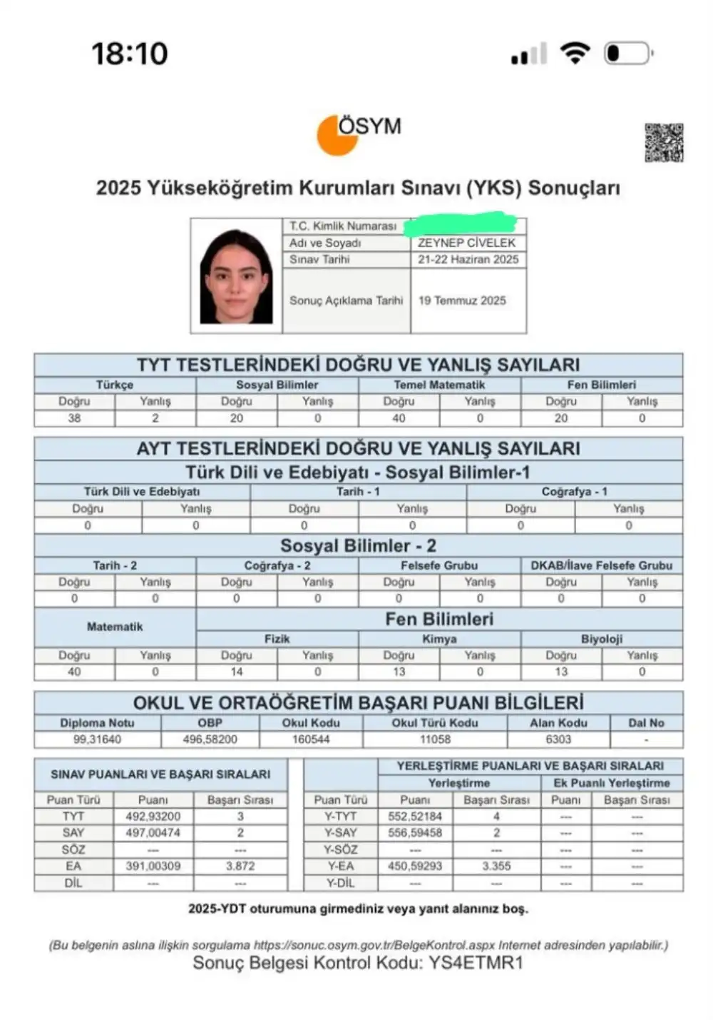 Zeynep — 2025 YKS Sayısal Türkiye 2.'si sonuç belgesi