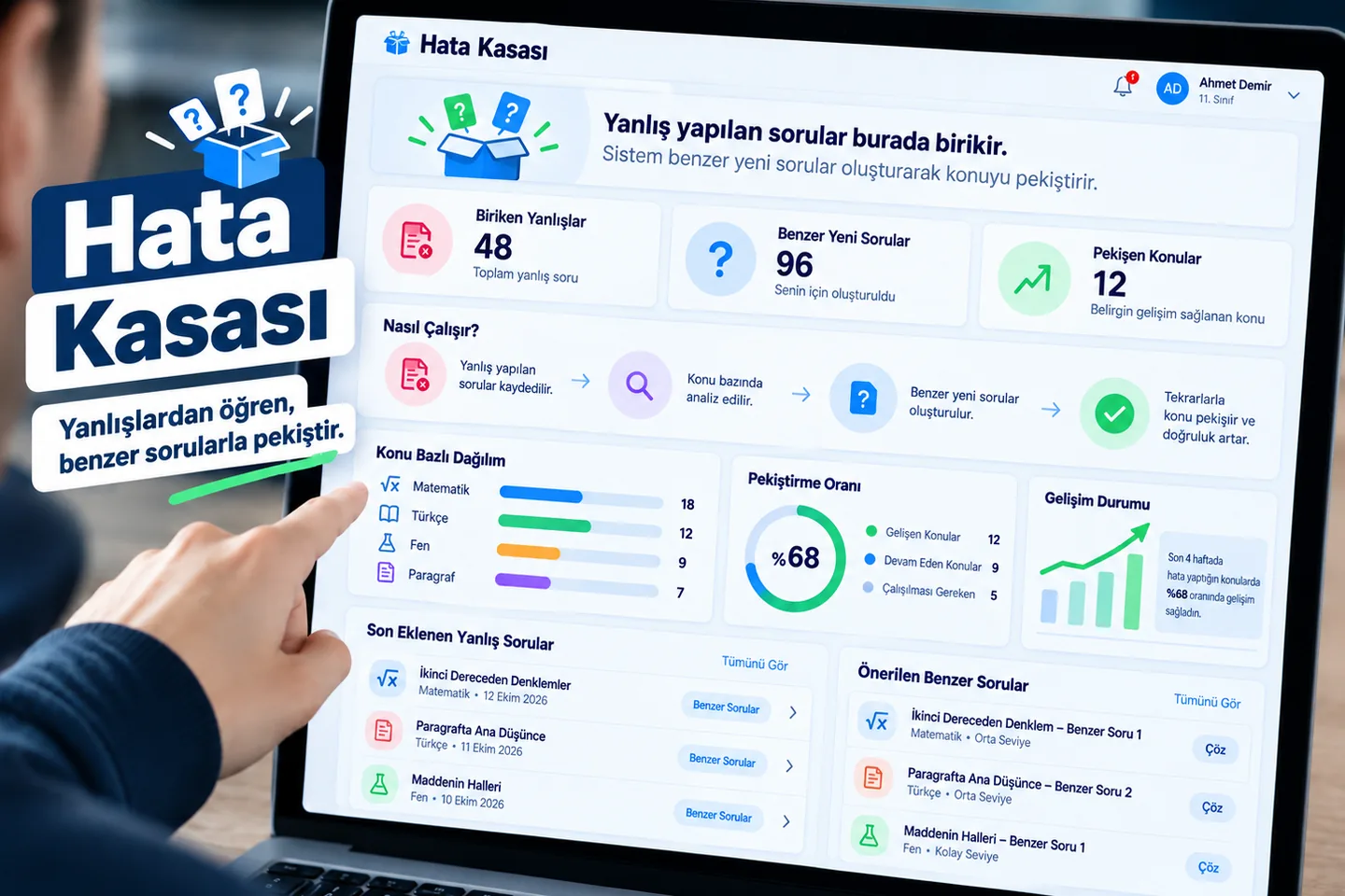 Ünikazan hata kasası — yanlış yapılan sorular birikir, benzer yeni sorularla konu pekişir