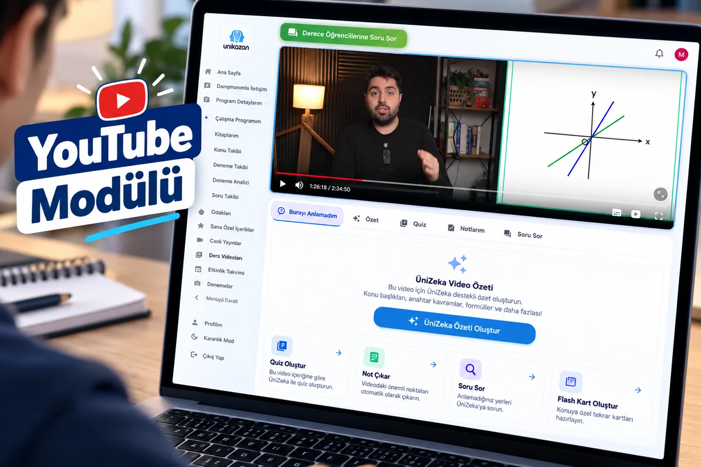 Ünikazan YouTube modülü — reklamsız ders videosu, ÜniZeka video özeti, quiz ve flash kart